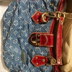 louis vuitton denim monogrammed purse with red leather straps